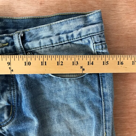 MNML Jeans Men 28x30 Blue Low Rise Distressed Button Fly Ankle Zip Medium Wash - Picture 10 of 13